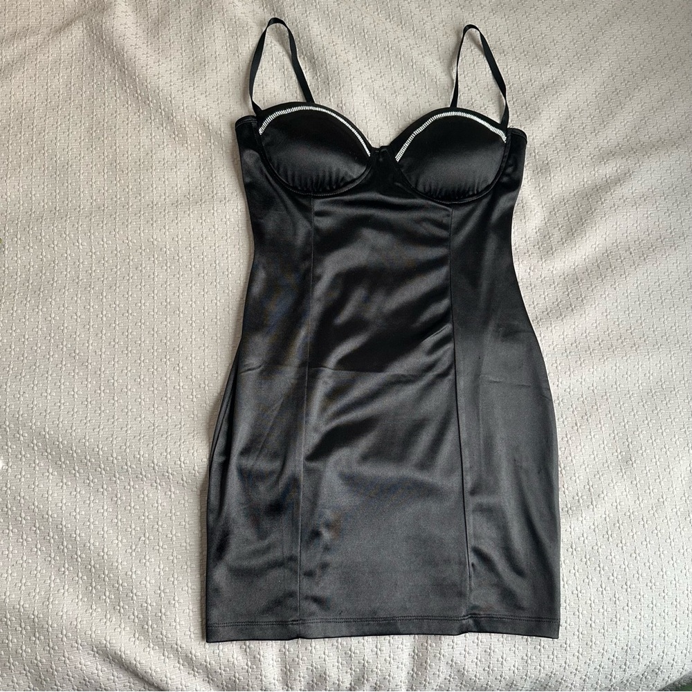 Windsor Black Mini Satin Dress with Rhinestones